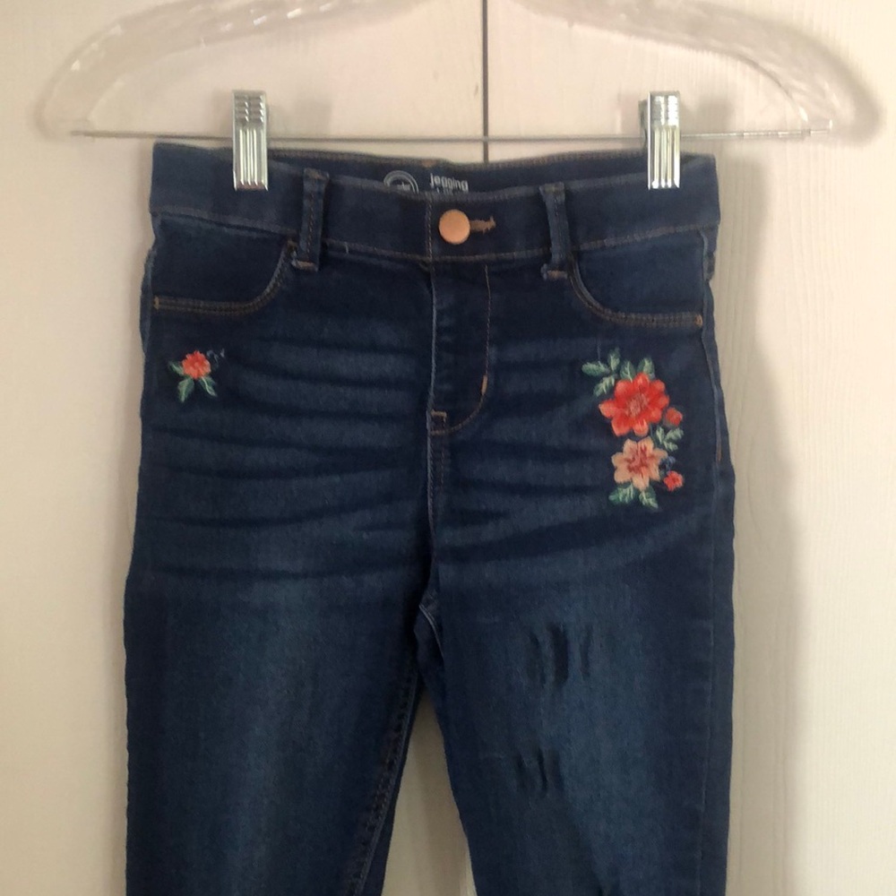 Girls Embroidered fall  floral stretchy Blue jeggings jeans